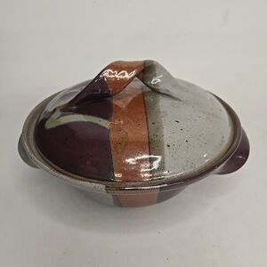 Rustic Hand Crafted Earthenware Pottery Covered Serving Dish Signed